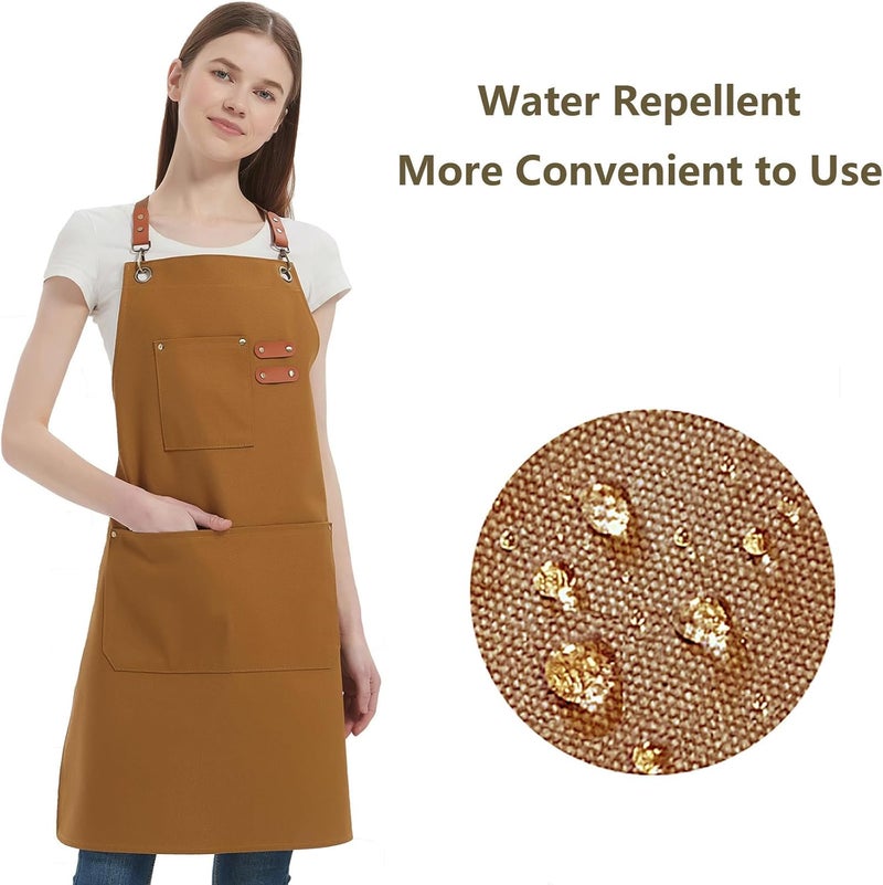 AFUN Chef Aprons for Women Men with Large Pockets, Cotton Canvas Cross Back Water Repellent Work Apron, Size M to XXL (Brown) - Image 2